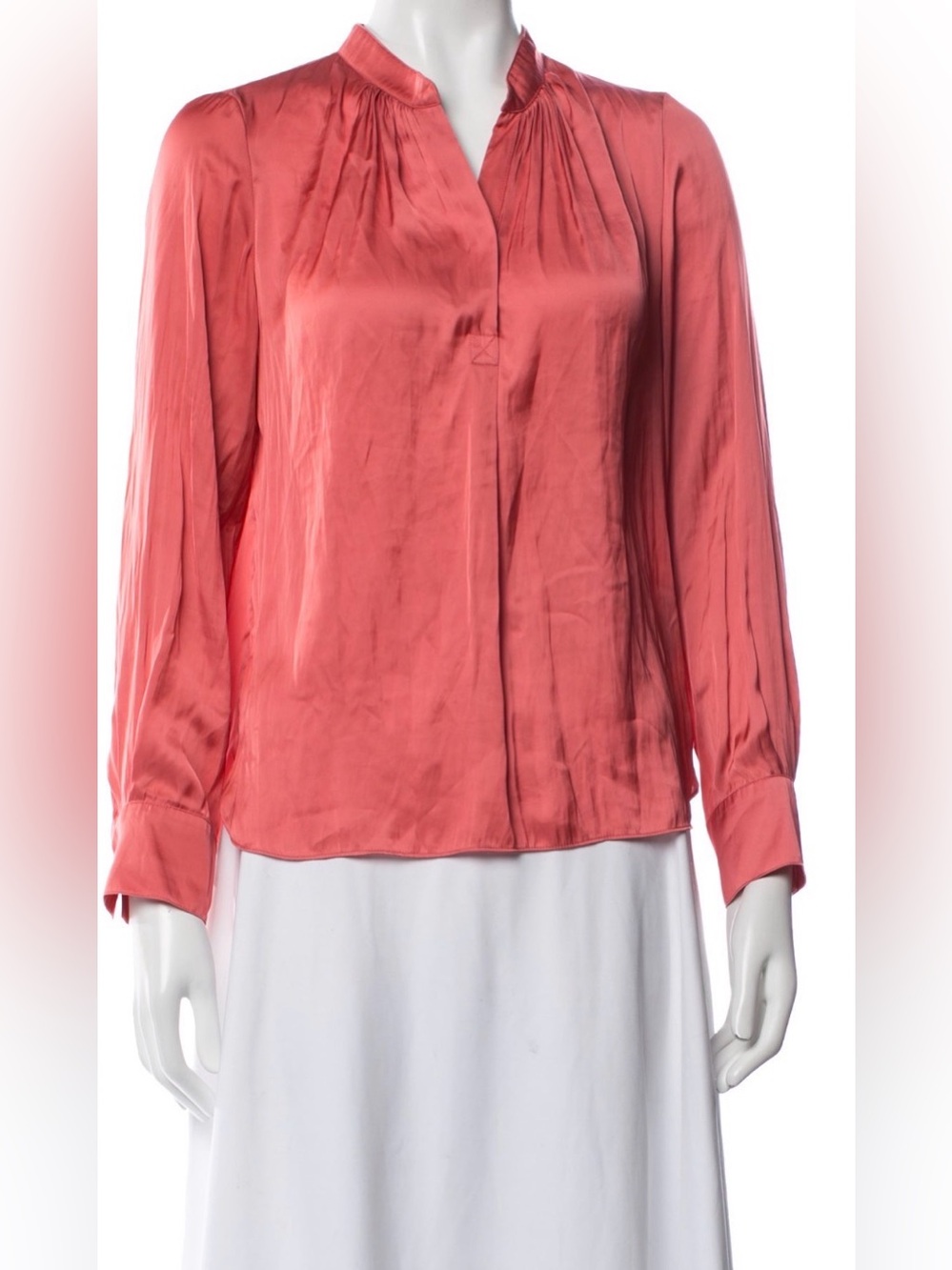 Sezane Coral Long-Sleeve Pleated V-Neck Blouse